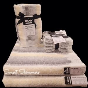 8pc DKNY Gray Tan Honeycomb Dots Bath Hand Washcloth Towel Set Eco Melange NEW